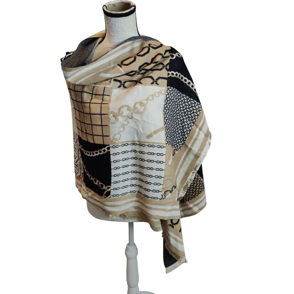 NWT Ann Taylor Women's Super Soft Scarf Shawl Tan Black Chain Luxe